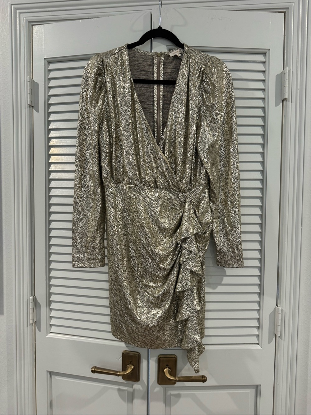 Skies Are Blue Silver Metallic Ruffle Wrap Mini Dress